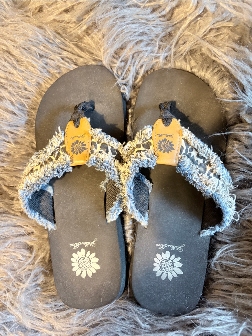 Yellow Box Black Footbed Distressed Leopard  Flip Flops with Tan Logo Accent